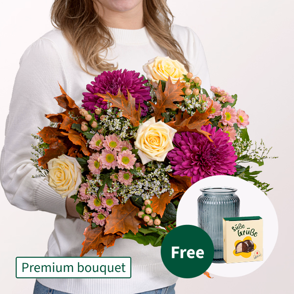 Premium Bouquet Gartenglück with Premium Vase & Halloren Balls
