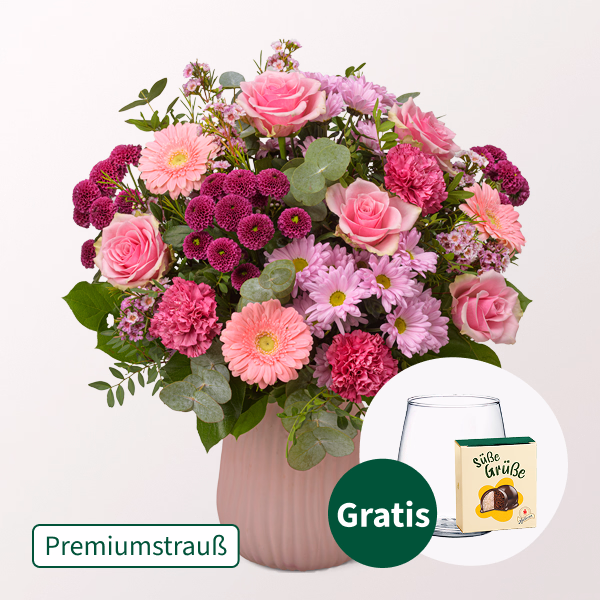 Premiumstrauß Beste Wünsche mit Premiumvase & Halloren Kugeln