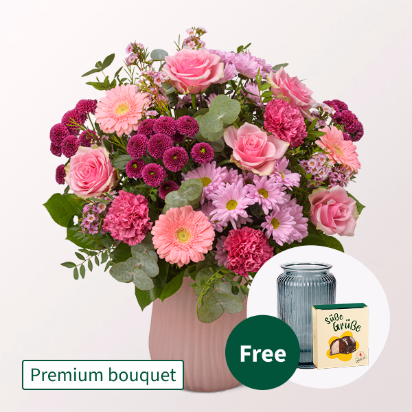 Premium Bouquet Beste Wünsche with Premium Vase & Halloren Balls