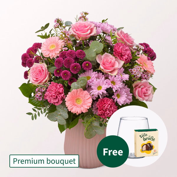 Premium Bouquet Beste Wünsche with Premium Vase & Halloren Balls