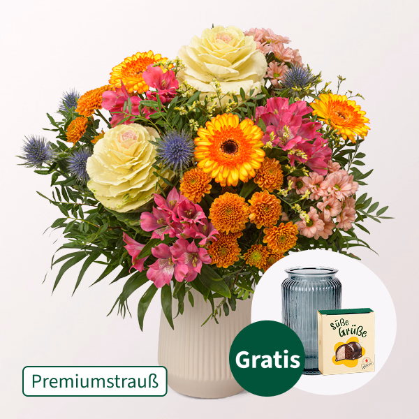 Premiumstrauß Herbstlust mit Premiumvase & Halloren Kugeln
