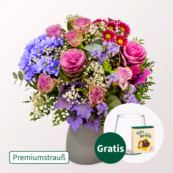 Premiumstrauß Glücklich mit Premiumvase & Halloren Kugeln