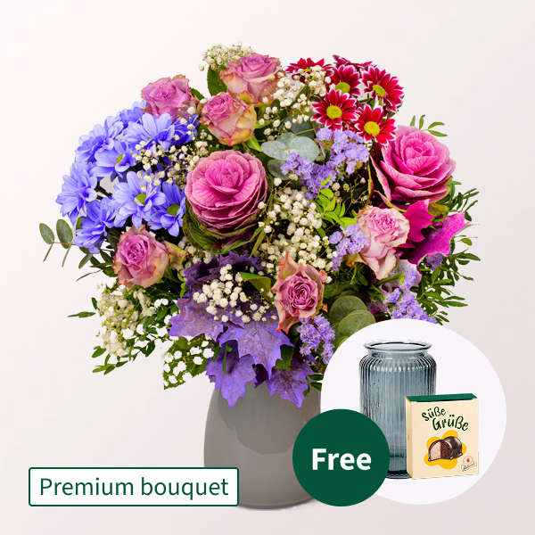 Premium Bouquet Glücklich with Premium Vase & Halloren Balls