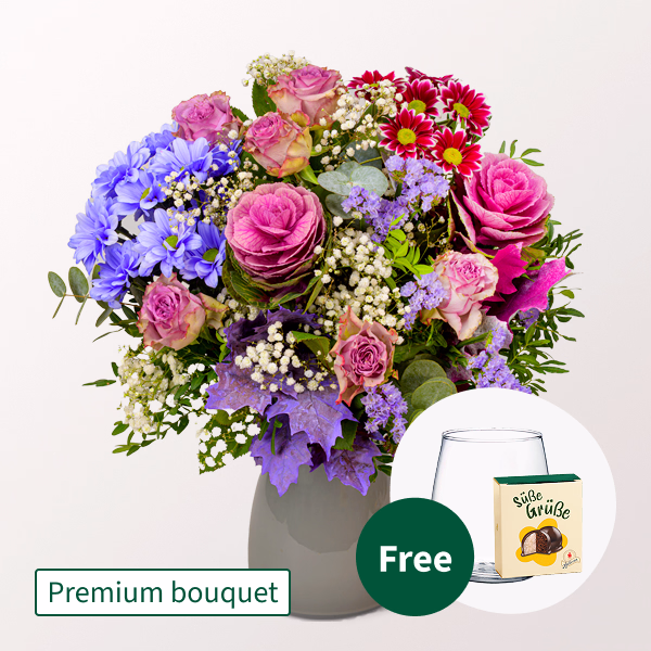 Premium Bouquet Glücklich with Premium Vase & Halloren Balls