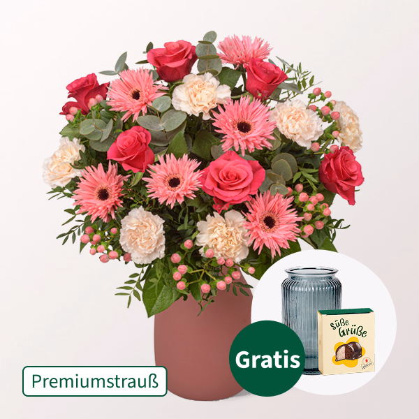 Premiumstrauß Märchenhaft mit Premiumvase & Halloren Kugeln