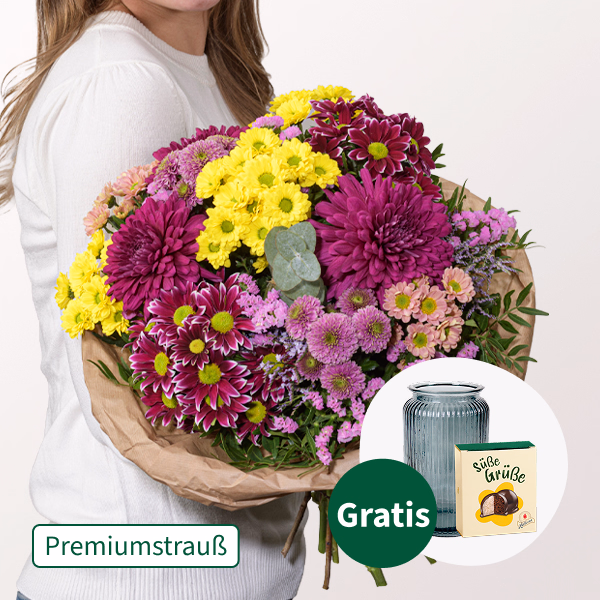 Premiumstrauß Gartengruß mit Premiumvase & Halloren Kugeln