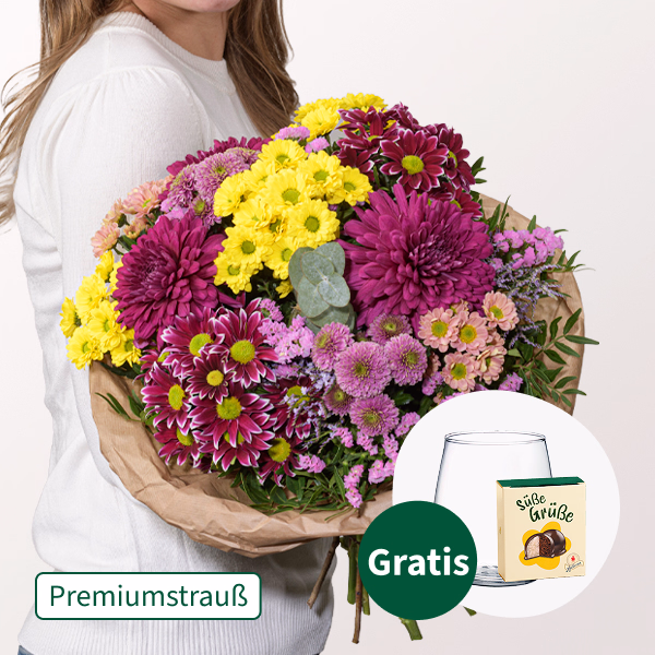 Premiumstrauß Gartengruß mit Premiumvase & Halloren Kugeln