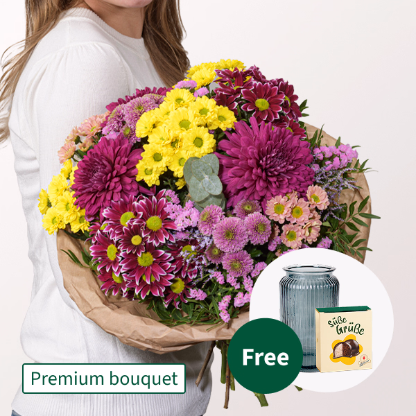 Premium Bouquet Gartengruß with Premium Vase & Halloren Balls