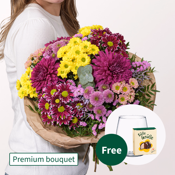 Premium Bouquet Gartengruß with Premium Vase & Halloren Balls