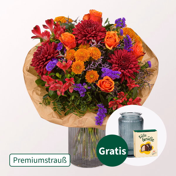 Premiumstrauß Farbenfeuerwerk mit Premiumvase & Halloren Kugeln