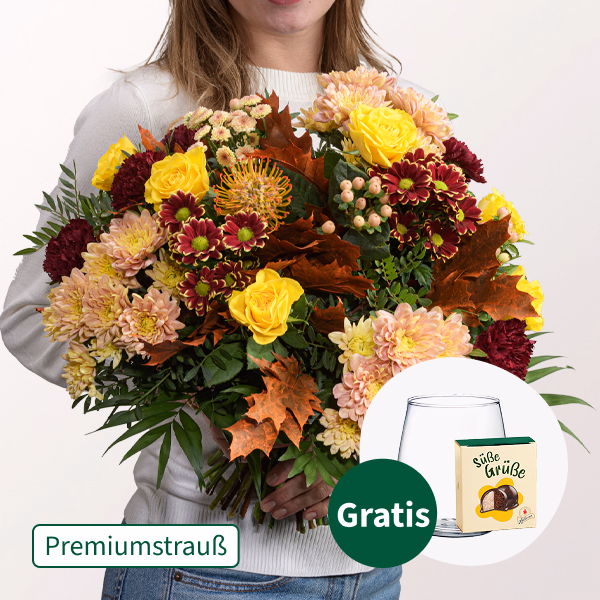 Premiumstrauß Ode an den Herbst mit Premiumvase & Halloren Kugeln