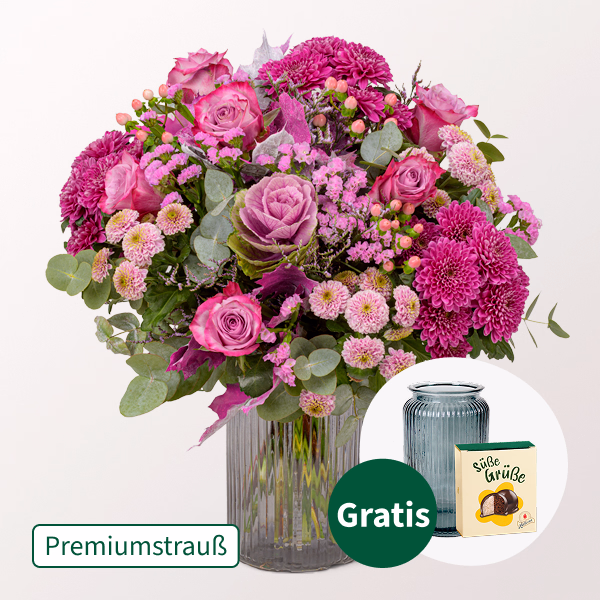 Premiumstrauß Meisterwerk mit Premiumvase & Halloren Kugeln