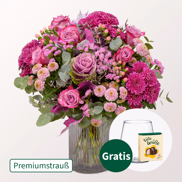 Premiumstrauß Meisterwerk mit Premiumvase & Halloren Kugeln