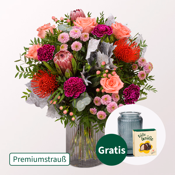 Premiumstrauß Abendsonne mit Premiumvase & Halloren Kugeln