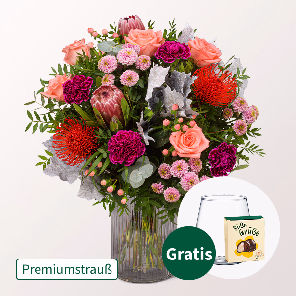Premiumstrauß Abendsonne mit Premiumvase & Halloren Kugeln