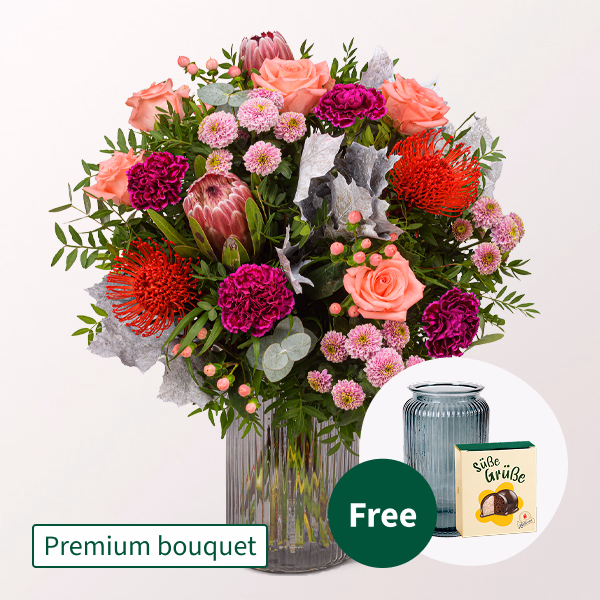 Premium Bouquet Abendsonne with Premium Vase & Halloren Balls