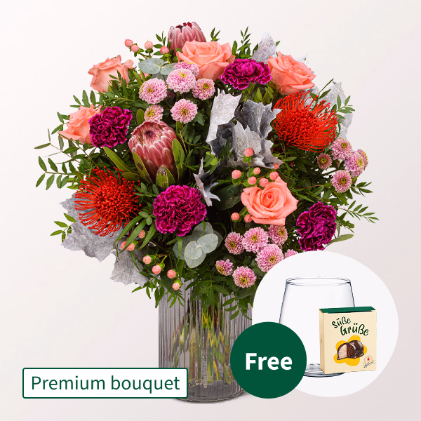 Premium Bouquet Abendsonne with Premium Vase & Halloren Balls