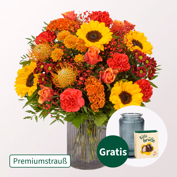 Premiumstrauß Leuchtfeuer mit Premiumvase & Halloren Kugeln