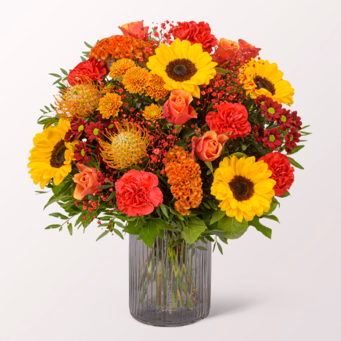 Premiumstrauß Leuchtfeuer mit Premiumvase & Halloren Kugeln
