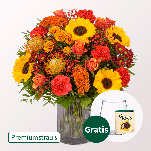 Premiumstrauß Leuchtfeuer mit Premiumvase & Halloren Kugeln