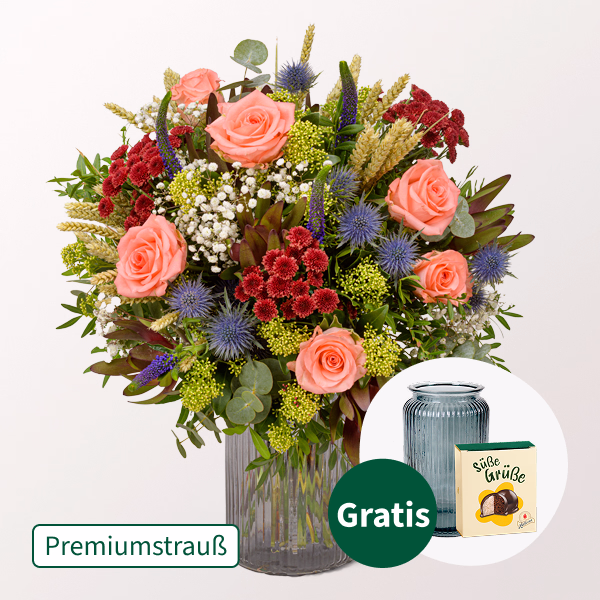 Premiumstrauß Autumn Magic mit Premiumvase & Halloren Kugeln