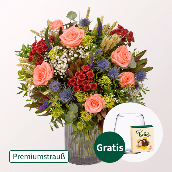 Premiumstrauß Autumn Magic mit Premiumvase & Halloren Kugeln
