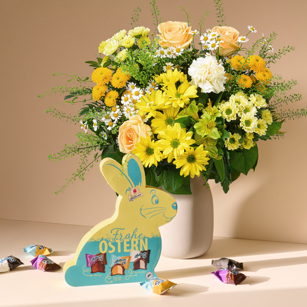 Blumenstrauß Blütenzauber mit Vase & Osterhase