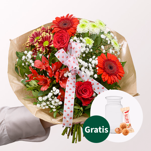 Blumenstrauß Mutterfreude mit Vase & Ferrero Giotto 3er