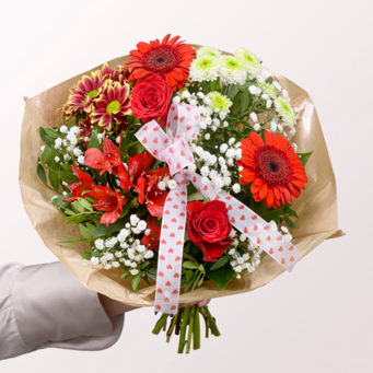 Blumenstrauß Mutterfreude mit Vase & Ferrero Giotto 3er