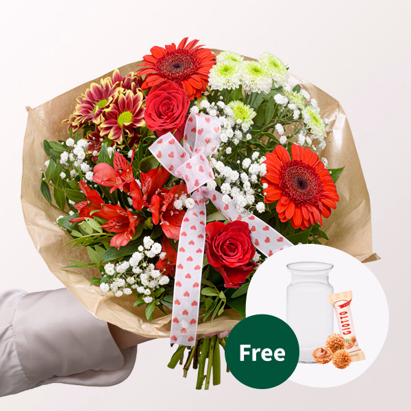 Flower Bouquet Mutterfreude with vase & 3 Ferrero Giotto