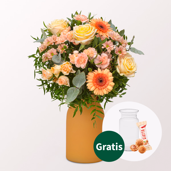 Blumenstrauß Zarte Grüße mit Vase & Ferrero Giotto 3er