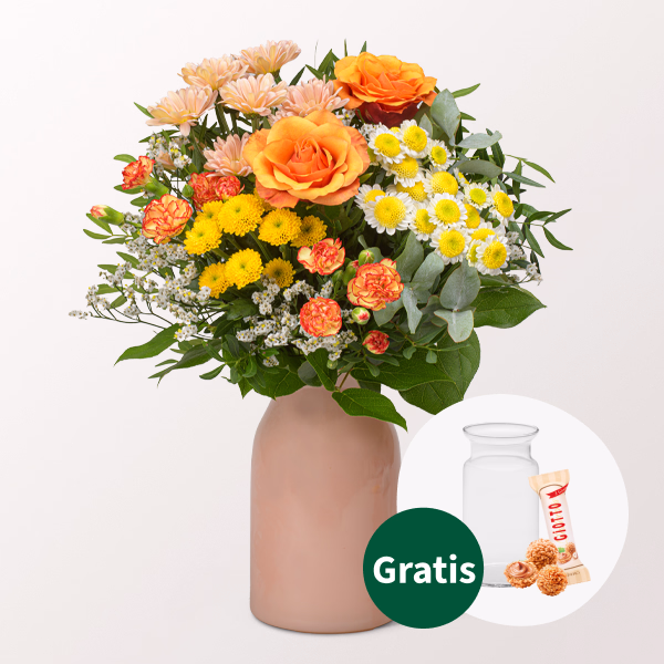 Blumenstrauß Sonnenfreude mit Vase & Ferrero Giotto