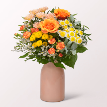 Blumenstrauß Sonnenfreude mit Vase & Ferrero Giotto
