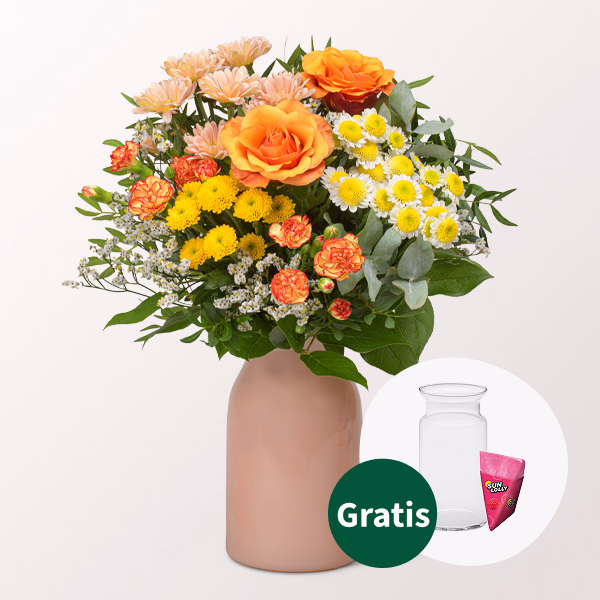 Blumenstrauß Sonnenfreude mit Halloren Kugeln & Vase