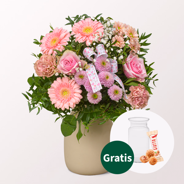Blumenstrauß Alles Liebe mit Vase & Ferrero Giotto