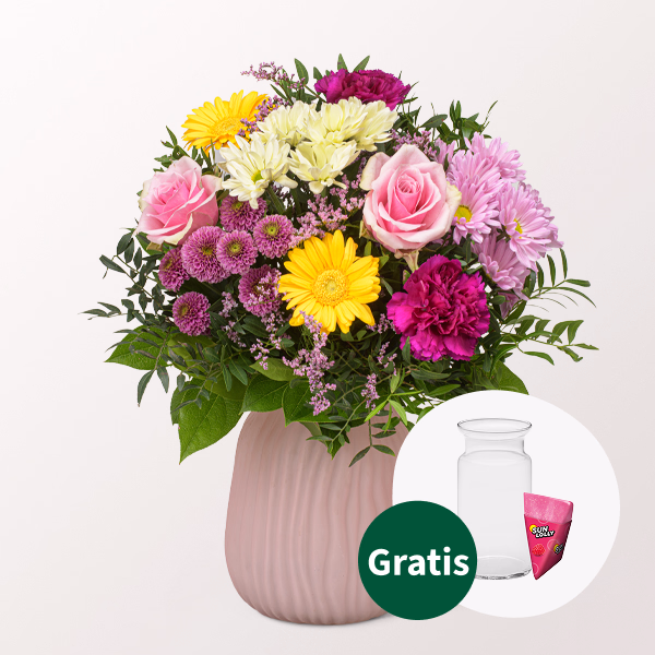Blumenstrauß Sommerschönheit mit SunLolly Himbeere & Vase