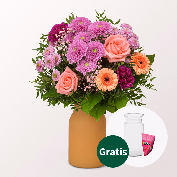 Blumenstrauß Farbspiel mit SunLolly Himbeere & Vase