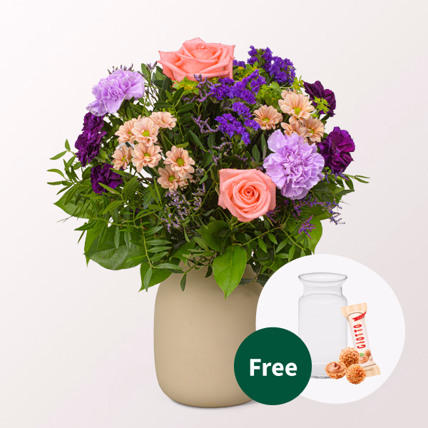 Flower Bouquet Von Herzen with vase & 3 Ferrero Giotto