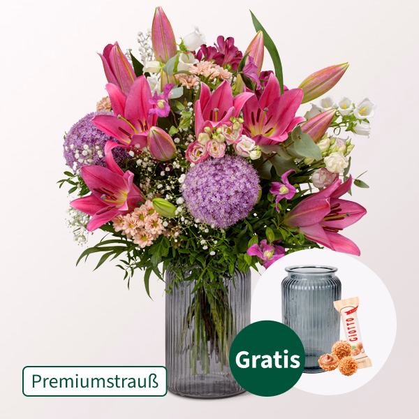 Premiumstrauß Schön, dass es dich gibt mit Premiumvase & Ferrero Giotto 3er