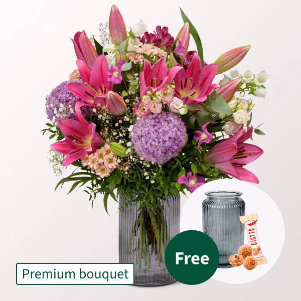 Premium Bouquet Schön, dass es dich gibt with Premium Vase & Ferrero Giotto