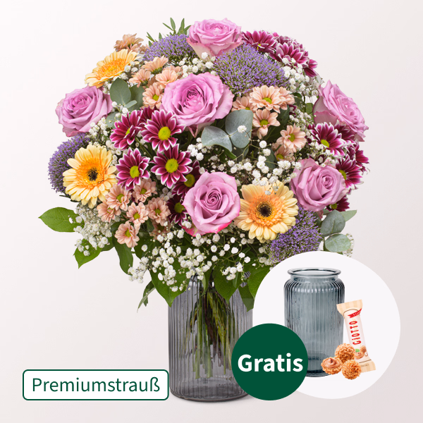 Premiumstrauß Prachtvoll mit Premiumvase & Ferrero Giotto 3er