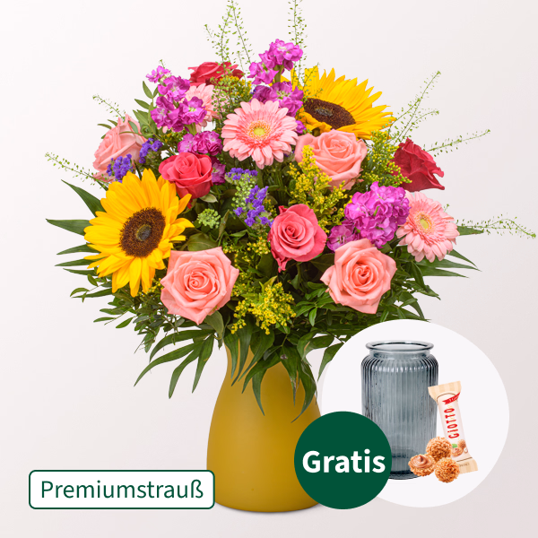 Premiumstrauß Sommerglühen mit Premiumvase & Ferrero Giotto 3er