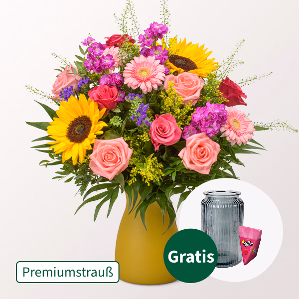 Premiumstrauß Sommerglühen mit Premiumvase & Halloren Kugeln