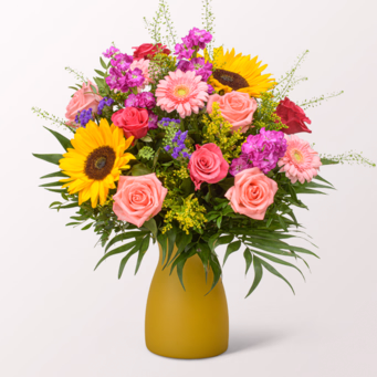 Premiumstrauß Sommerglühen mit Premiumvase & SunLolly Himbeere