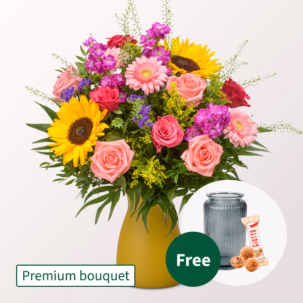 Premium Bouquet Sommerglühen with Premium Vase & 3 Ferrero Giotto