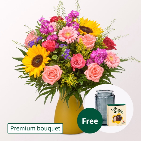 Premium Bouquet Sommerglühen with Premium Vase & Halloren Balls