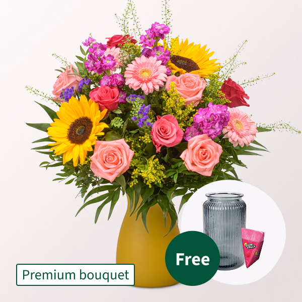 Premium Bouquet Sommerglühen with Premium Vase & SunLolly Raspberry
