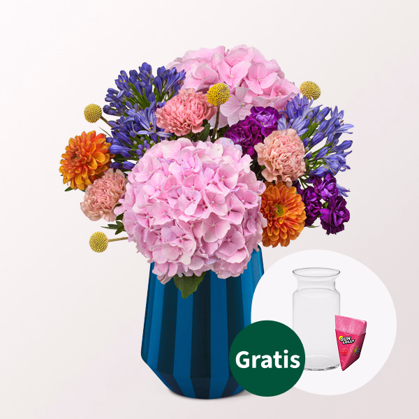 Blumenstrauß Blütenmelodie mit SunLolly Himbeere & Vase