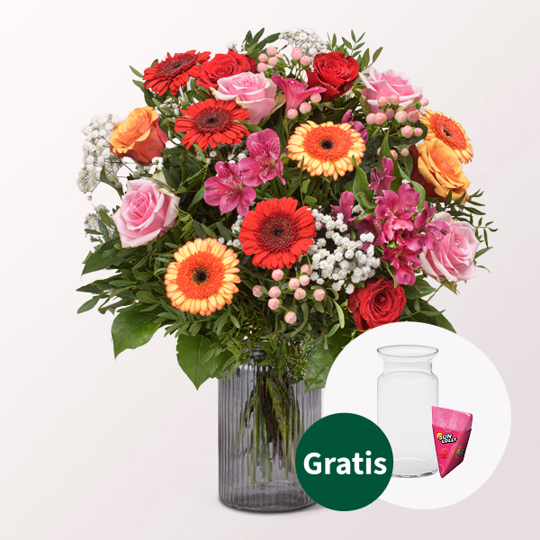 Blumenstrauß Blütenpoesie mit SunLolly Himbeere & Vase