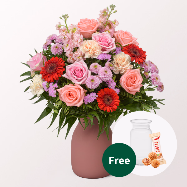 Flower Bouquet for Mother's Day with vase & 3 Ferrero Giotto